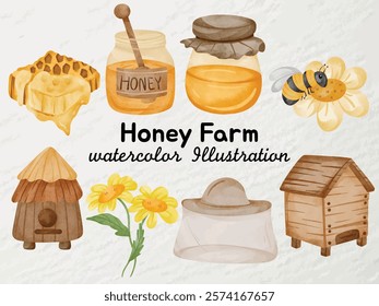 Honey Farm Watercolor Illustration - Honeycomb, Bee, Flowers, Honey Jar, and Beehives for Nature and Beekeeping Themes