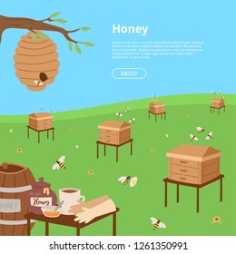 Honey farming poster. Cartoon honeycomb, bee, pod, flowers, pancake, honey jar vector illustration. Brochure, poster, flyer for business promote. Organic honey, honey bees.