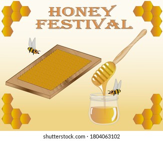 Honey Festival advertising card. Large honeycomb in wooden frame, glass jar with honey, bees and special wooden honey spoon. 