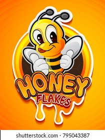 Honey flakes gold logo label with funny cartoon bee on the radial yellow background