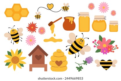 Honey flat Set elements, beekeeping industry. Jars and Pot, dipper spoon. Honeycombs, Hive. Funny bee. Flowers, Sunflower. Organic Eco farm fresh food and floral. Clip art vector.