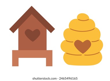 Honey flat Set elements, beekeeping industry. Bee house, Hive. Organic Eco farm. Clip art flat vector.