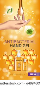 Honey flavor Antibacterial hand gel ads. Vector Illustration with antiseptic hand gel in bottles and honey elements. Vertical banner.