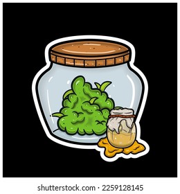 Honey Flavor With Cartoon Mascot of Weed Bud On Jar. For Sticker and label. Vector and Illustration.