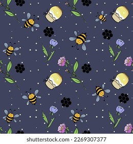 Honey, flowers and bees seamless pattern. Hand drawn, vector. Cartoon doodle floral background with bees for fabric, paper, print