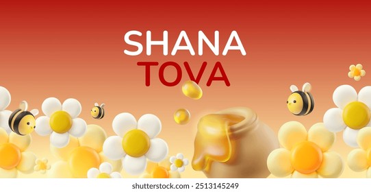 Honey, flowers, and bees symbolize Rosh Hashana. 3D vector Rosh Hashanah, Jewish New Year greeting card. Perfect for holiday cards and web banners.