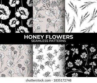 Honey flowers modern seamless patterns collection for fabric textile design and sublimation. Line art graphic. svg