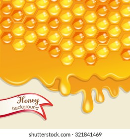 Honey flowing of bee honeycombs. Sweet honey background, vector illustration. 