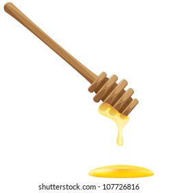 Honey Flowing Down A Wooden Stick Vector Illustration Isolated On White Background