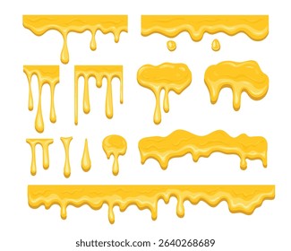 Honey flowing and dripping set. Dripping golden delicious honey flows,Maple syrup, caramel and sweet sugar. Realistic vector yellow sweet honey blots and splash set.