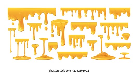 Honey flowing and dripping set. Maple syrup, caramel and sweet sugar sauce melting and leaking. Sticky amber liquids, drops and fluids. Colored flat vector illustrations isolated on white background