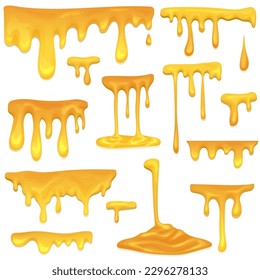 Honey flowing and dripping set. Maple syrup, caramel and sweet sugar. Realistic vector yellow sweet honey blots and splash set.