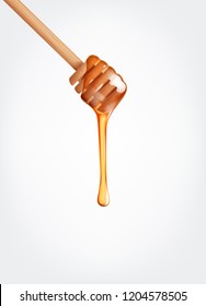 Honey flowing, dripping from wooden dipper stick.