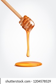 Honey flowing, dripping from wooden dipper stick.