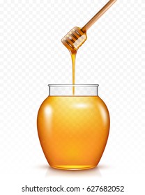 Honey flowing into glass jar .