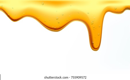 Honey flows. Drops of yellow syrup flow. A natural product and a sweet drink. Isolated on white background. Stock vector illustration