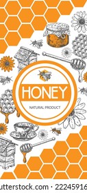 Honey flyer vector. Vintage vertical label design with various beekeeping product, honeycomb, beehive, beeswax, bees and flowers. Business promote beekeeping card