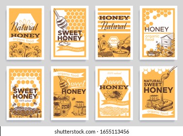 Honey flyers. Natural organic food beeswax, honeycomb and bees beehive, jar and nature honeyed flowers, beekeeping retro sketch vector banners for branding package