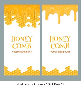 Honey flyers with place for text. Glossy yellow honeycomb and sweet drips. Flow down honey vector illustration.