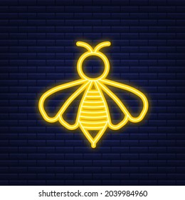 Honey flying bee. Bee icon. Neon style. Vector illustration.