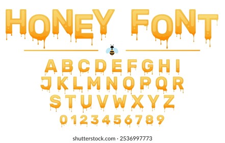 Honey font with drips and drops. Sweet viscous liquid. Melting letters and numbers. Cartoon yellow syrup alphabet. Bee food lettering. Uppercase text symbols. Vector