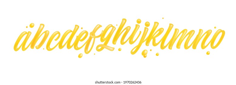 Honey font isolated on white background. Yellow typeface set with letters a, b, c, d, e, f, g, h, i, j, k, l, m, n, o. English liquid and glossy alphabet. 