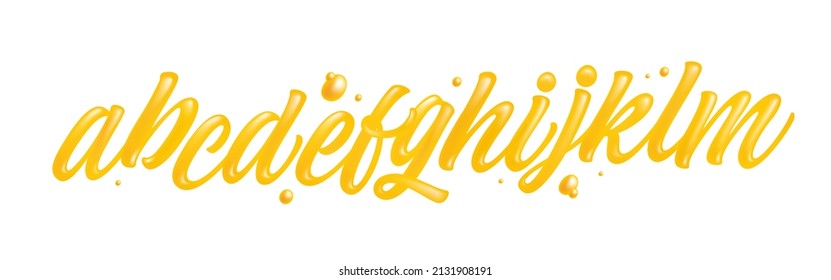 Honey font isolated on white background. Yellow typeface set with letters a, b, c, d, e, f, g, h. English liquid and glossy alphabet. 