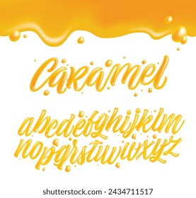 Honey font isolated on white background. Yellow typeface set made of caramel, liquid and glossy. English liquid and glossy alphabet. 