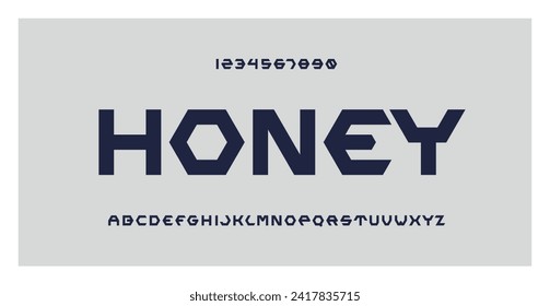 Honey Font. Letters and numbers for honey logo, branding, company and label design. Hexagon honeycomb cell style. Symbol of honey bee. Geometric Alphabet. Abstract background.