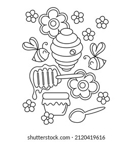 Honey food coloring book page. Cartoon doodle Honey beekeeping, apiculture . Bee, flower, hive, pot .Hand drawn vector illustration