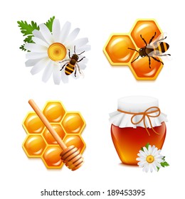 Honey food decorative icons set with daisy bumblebee honeycomb isolated vector illustration