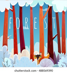 Honey Fox playing hide and seek, watches in the woods among the trees. Winter. Vector illustration.