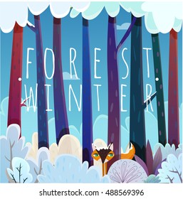 Honey Fox playing hide and seek, watches in the woods among the trees. Winter. Vector illustration.