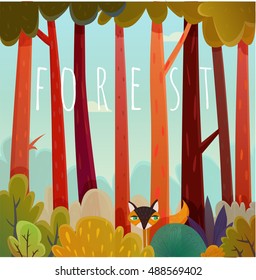 Honey Fox spielt Verstecken und suchen, beobachtet im Wald unter den Bäumen.Herbst.  Vektorgrafik.