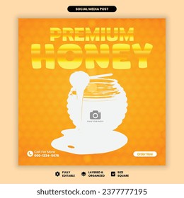 Honey frame banner with copy space for text, colored vector illustration Advertising posters for apiary and beekeeping products. Social media post template with honeycomb and bee Social media post.