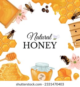 Honey frame composition with ornate text surrounded by images of honeycomb bees and beehives with flowers vector illustration