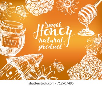 Honey frame drawn with chalk on blackboard. Design elements set. Detailed engraved. Vintage hand drawn vector illustration realistic sketch.