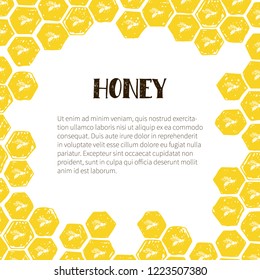 Honey frame with honeycomb and bees. Vector hand drawn illustration.