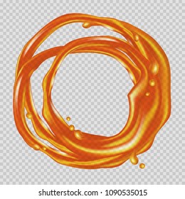 Honey Frame. Transparent Caramel Splash And Drops Flow In A Circle. Realistic Vector Illustration For Your Design.