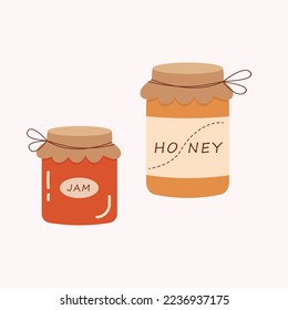 Miel y mermeladas de fruta aisladas de fondo blanco. Estilo plano de dibujos animados