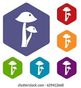 Honey fungus icons set hexagon isolated vector illustration