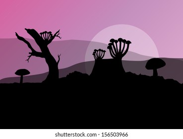 Honey fungus on stump magic vector landscape background