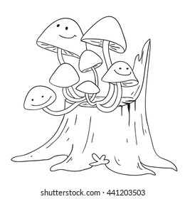 Honey fungus on a tree stump. Mycelium. Vector Mushroom character Coloring book.