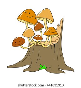 Honey fungus on a tree stump. Mycelium. Vector Mushroom character.