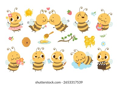 Abelha engraçada. Os desenhos animados apresentam diferentes poses e emoções. Inseto bonito com varinha mágica, flores, bloco de notas, abelhas voadoras apaixonadas hoje em dia clipart vetor
