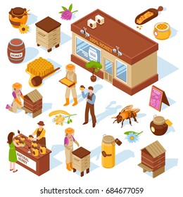 Honey garden apiary farm production and sale isometric icons collection with beehive honeycomb bee isolated vector illustration 