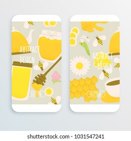 Honey and ginger cell phone design concept, vector honey comb and bee, sliced ginger root.