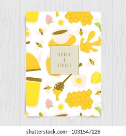 Honey and ginger design concept, vector honey comb and bee, sliced ginger root.