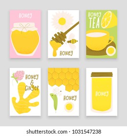 Honey and ginger design concept, vector honey comb and bee, sliced ginger root.