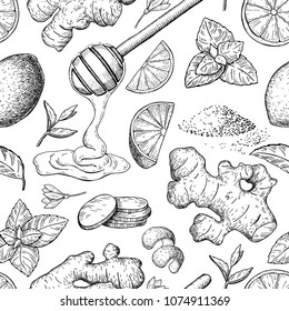 Honey, ginger, lemon and mint vector seamless pattern drawing. Wooden spoon, hearb and fruit sketch. Engraved illustration with tea ingredient, alternative medicine. Label,  packaging design.